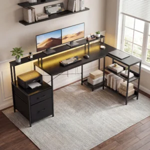 JHK 75IN L-Shaped Computer Desk with Power Outlet and LED Stripr